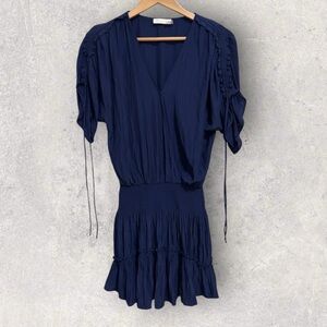 Ramy Brook Navy V-Neck Smocked Waist Tiered Mini Dress